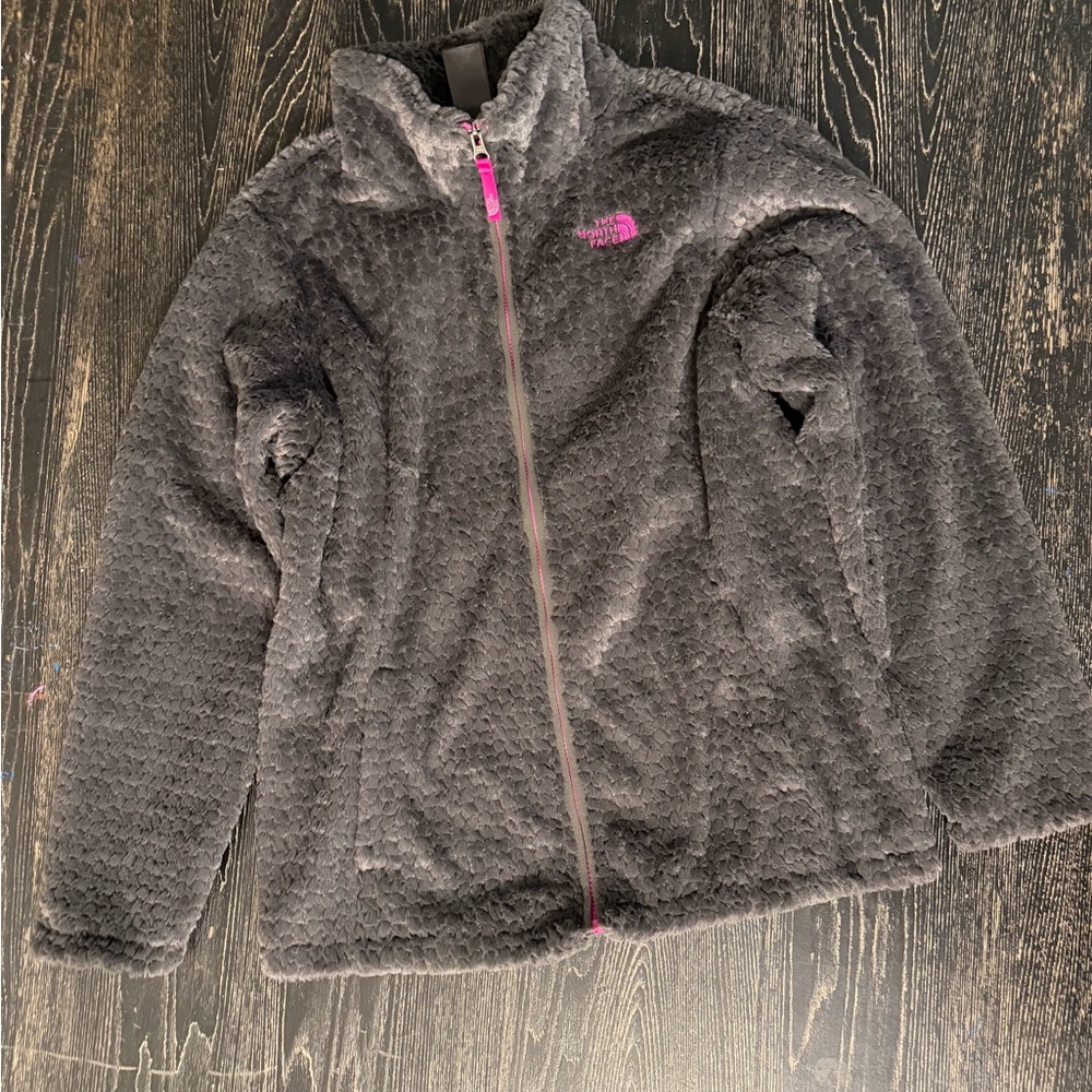The North Face Charcoal Plush Fleece Jacket with Pink Logo